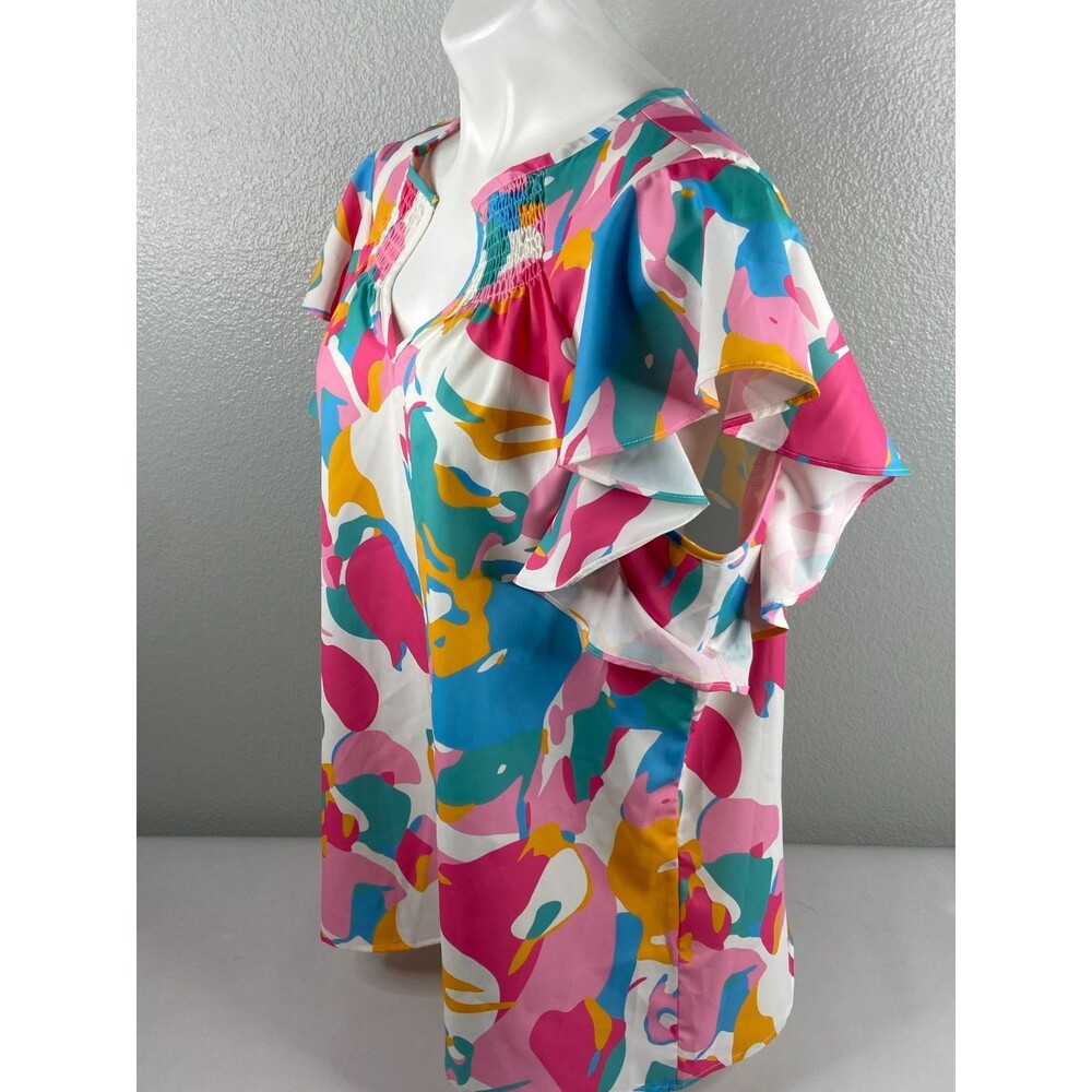 Smocked Multi Color Women XL Blouse Top Abstract V Neck Casual NWT - Picture 4 of 9